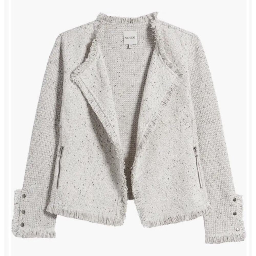 Nic+Zoe Women’s Fringe Mix Knit Open Front Jacket in Sugar Cookie Size M